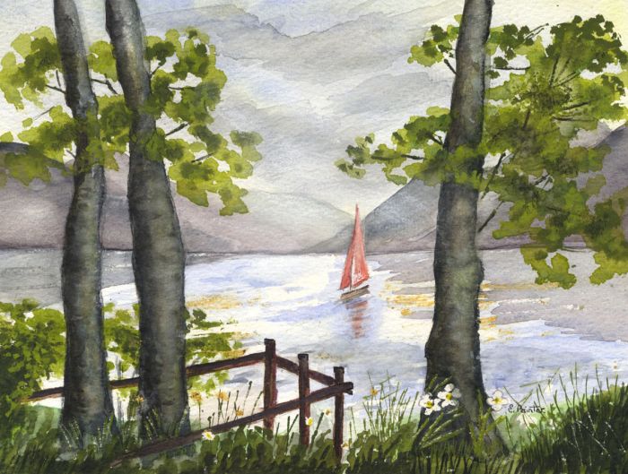 Elizabeth Painter - Contemporary Watercolour, Sailboat on a Lake