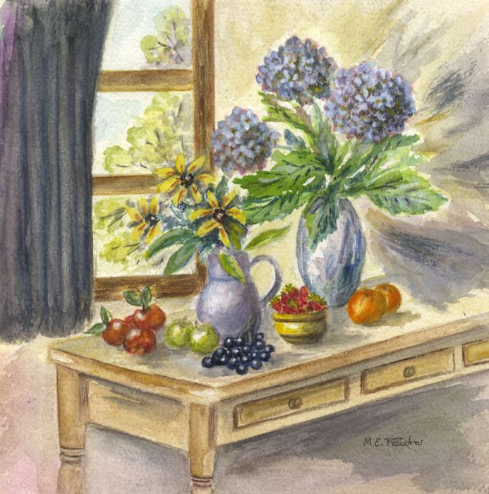 Elizabeth Painter - Contemporary Watercolour, Flowers and Fruit on a Table