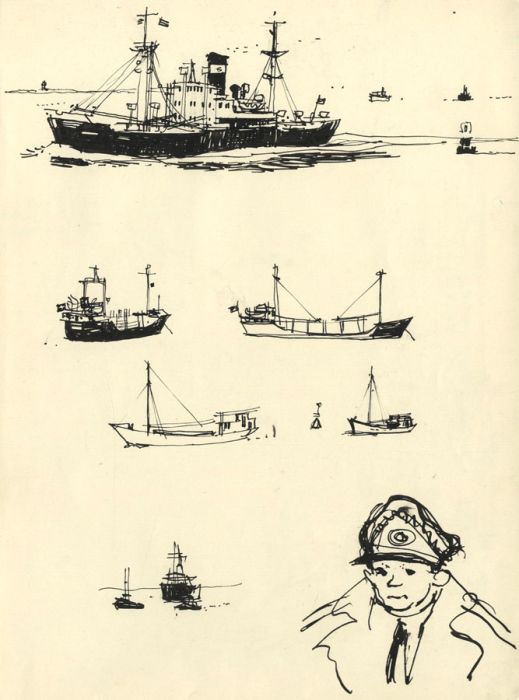 Paul Sharp - 1962 Pen and Ink Drawing, Boat Studies