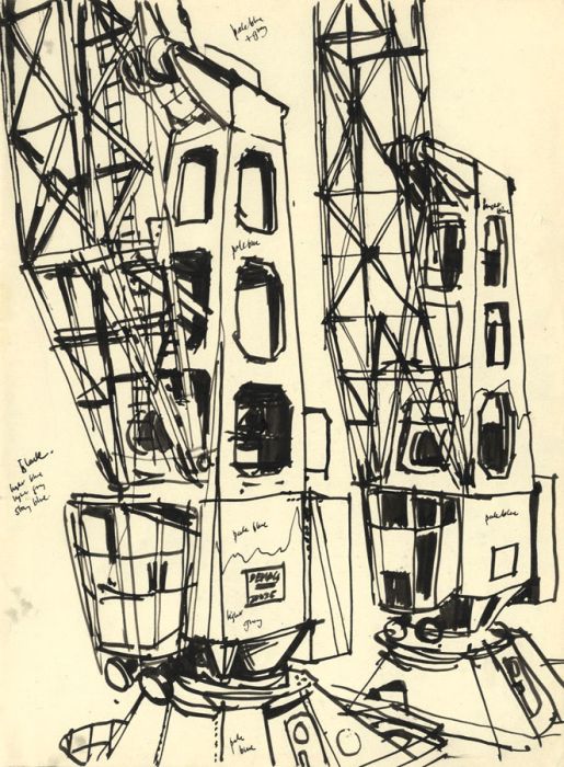 Paul Sharp - 1962 Pen and Ink Drawing, Shipyard Cranes