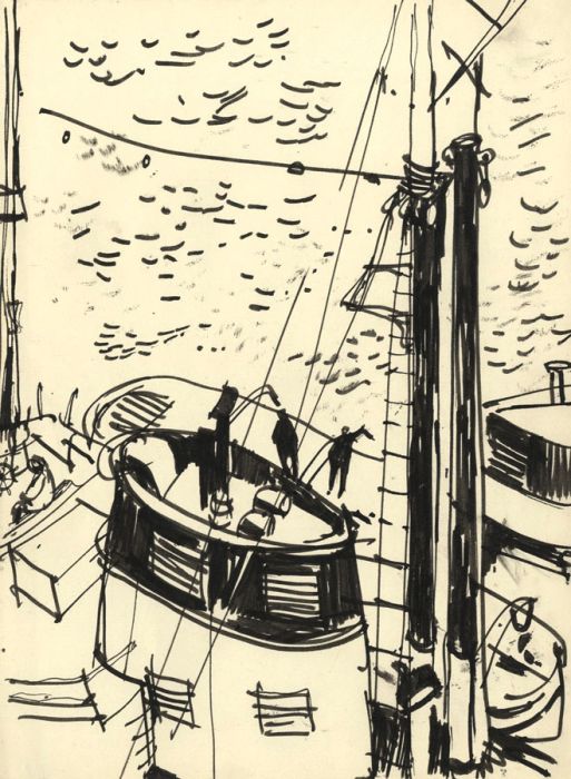 Paul Sharp - 1962 Pen and Ink Drawing, Ship Aerial View