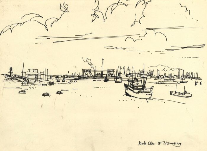 Paul Sharp - 1962 Pen and Ink Drawing, Ships at Port
