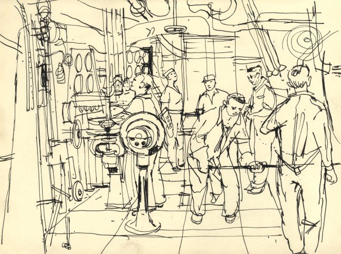 Paul Sharp - 1962 Pen and Ink Drawing, In the Ship's Engine Room