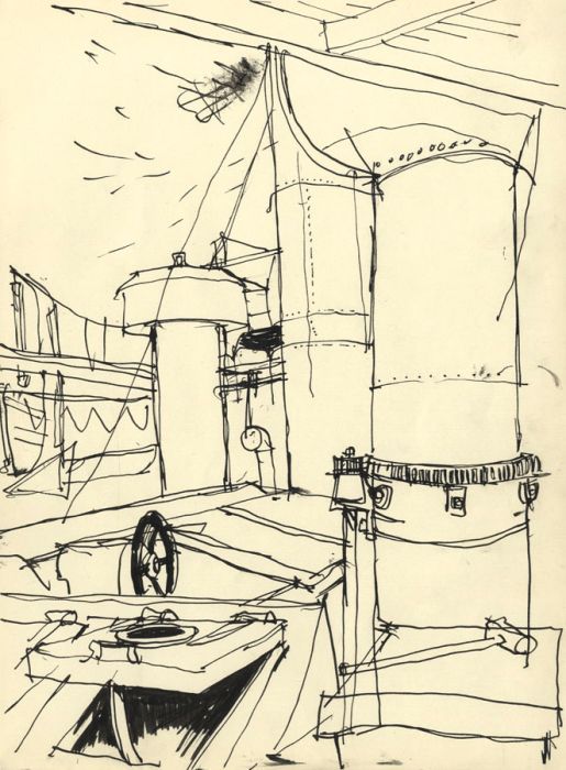 Paul Sharp - 1962 Pen and Ink Drawing, Ship's Funnels