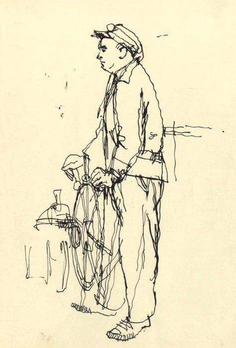 Paul Sharp - 1962 Pen and Ink Drawing, Man at Ship's Wheel