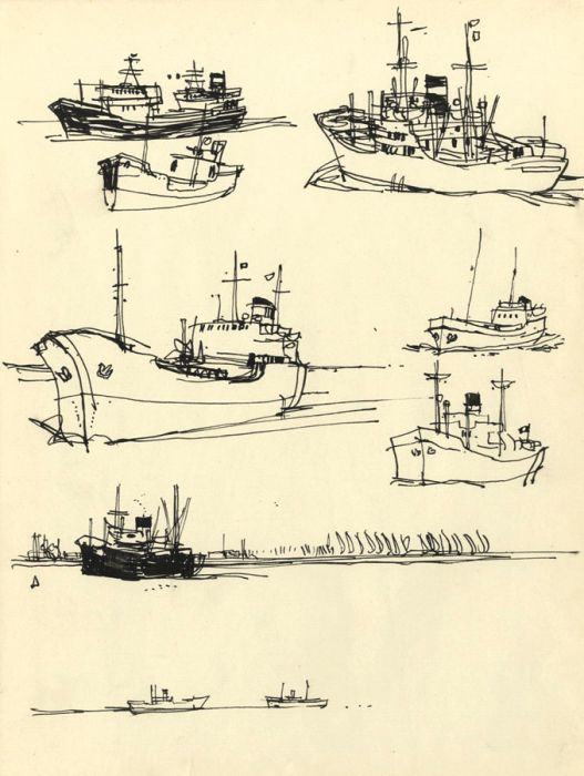 Paul Sharp - 1962 Pen and Ink Drawing, Ship Studies
