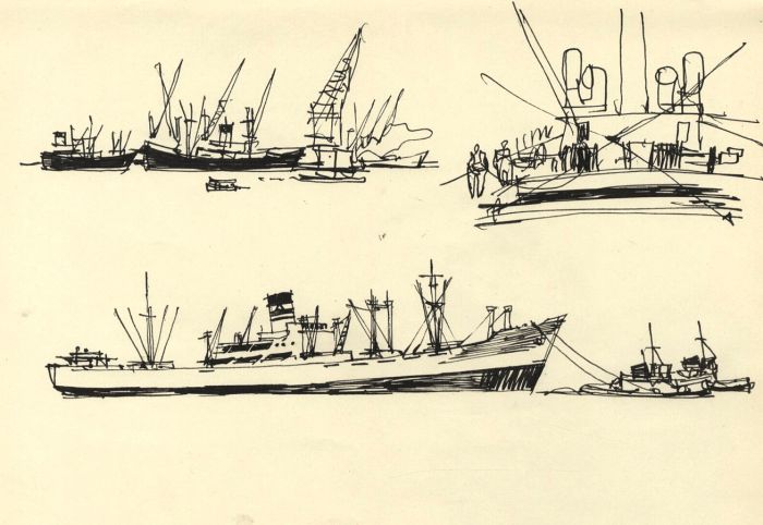 Paul Sharp - 1962 Pen and Ink Drawing, Ship Studies