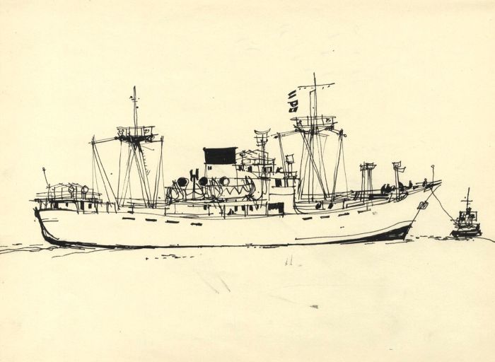 Paul Sharp - 1962 Pen and Ink Drawing, Ship with Tug