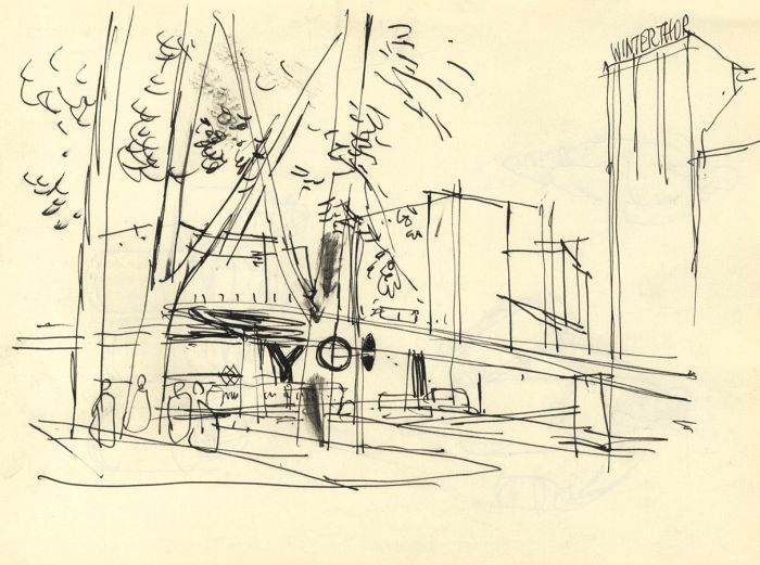 Paul Sharp - 1962 Pen and Ink Drawing, City Scene