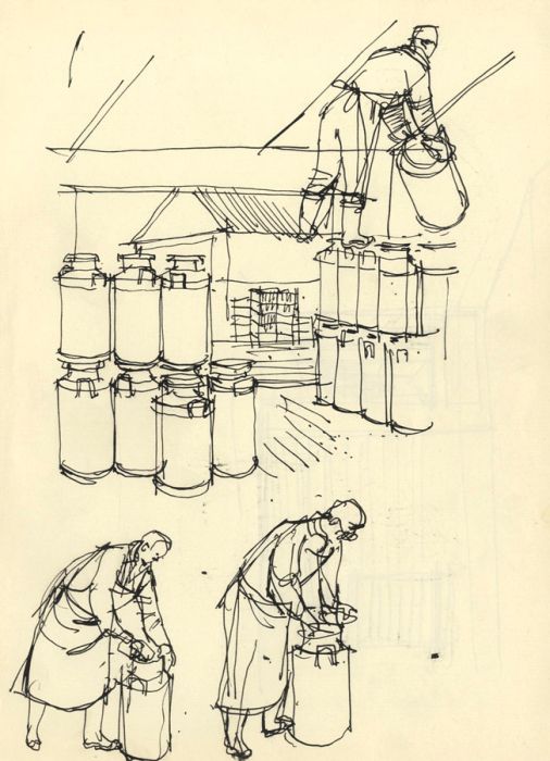 Paul Sharp - 1962 Pen and Ink Drawing, Figures with Milk Churns
