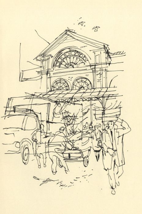 Paul Sharp - 1962 Pen and Ink Drawing, Outside Flower Market, Chelsea