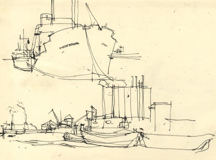 Paul Sharp - 1962 Pen and Ink Drawing, Ship Sketches