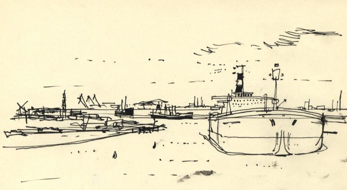 Paul Sharp - 1962 Pen and Ink Drawing, Ship at Harbour