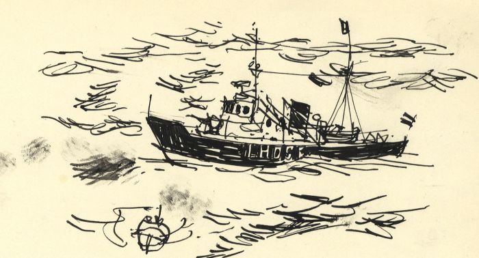 Paul Sharp - 1962 Pen and Ink Drawing, Ship at Sea