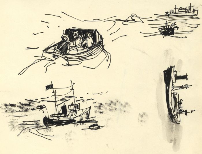 Paul Sharp - 1962 Pen and Ink Drawing, Boat Studies