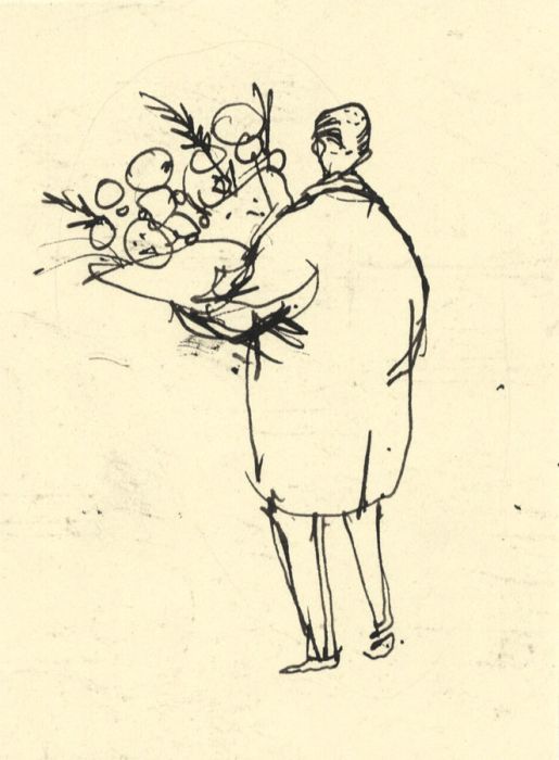 Paul Sharp - 1962 Pen and Ink Drawing, Man Carrying Flowers