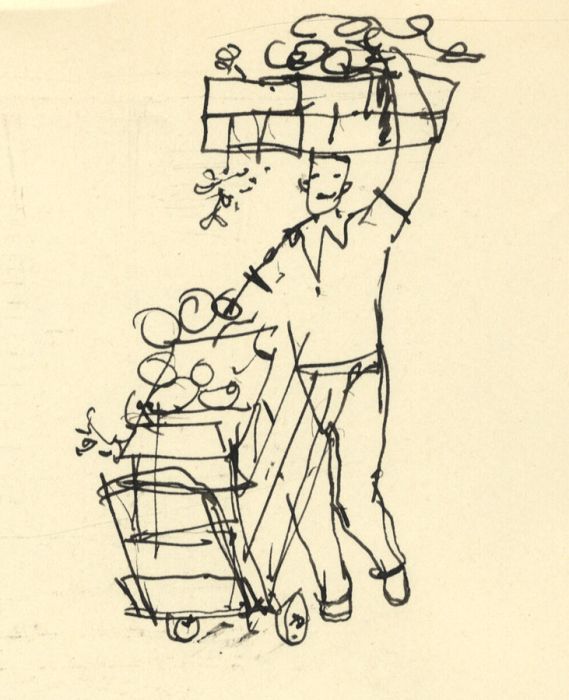 Paul Sharp - 1962 Pen and Ink Drawing, Man Carrying Flower Boxes
