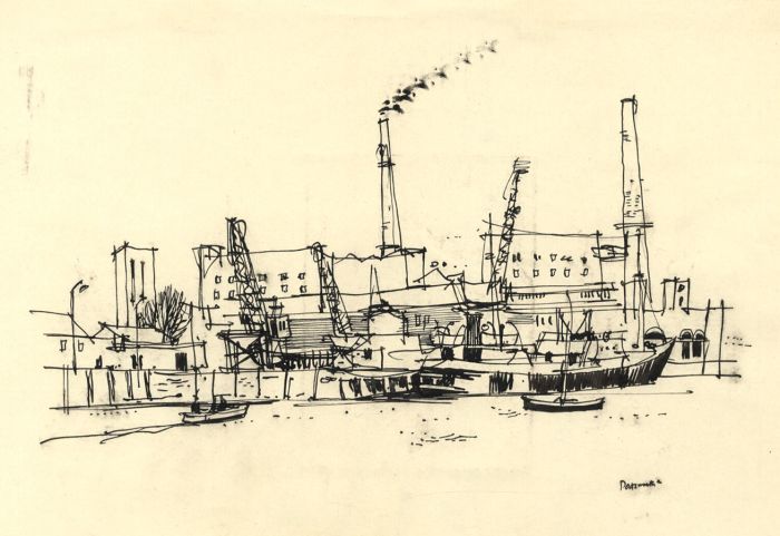 Paul Sharp - Mid 20th Century Pen and Ink Drawing, Portsmouth Docks