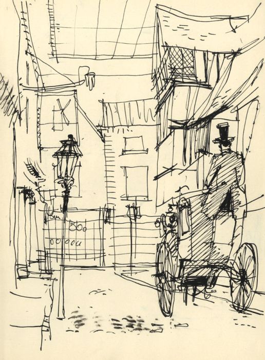 Paul Sharp - Mid 20th Century Pen and Ink Drawing, Street Scene with Carriage