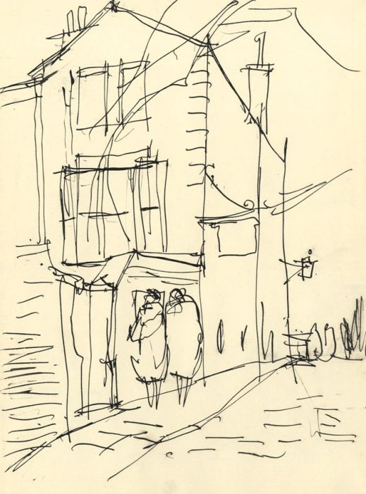 Paul Sharp - Mid 20th Century Pen and Ink Drawing, Street with Figures
