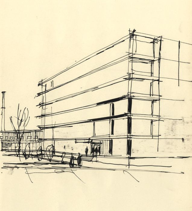 Paul Sharp - Mid 20th Century Pen and Ink Drawing, Building with Figures