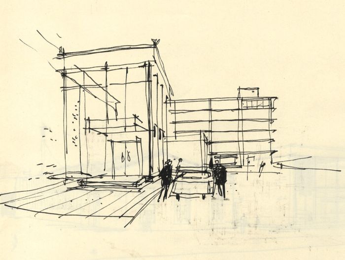 Paul Sharp - Mid 20th Century Pen and Ink Drawing, Building with Figures