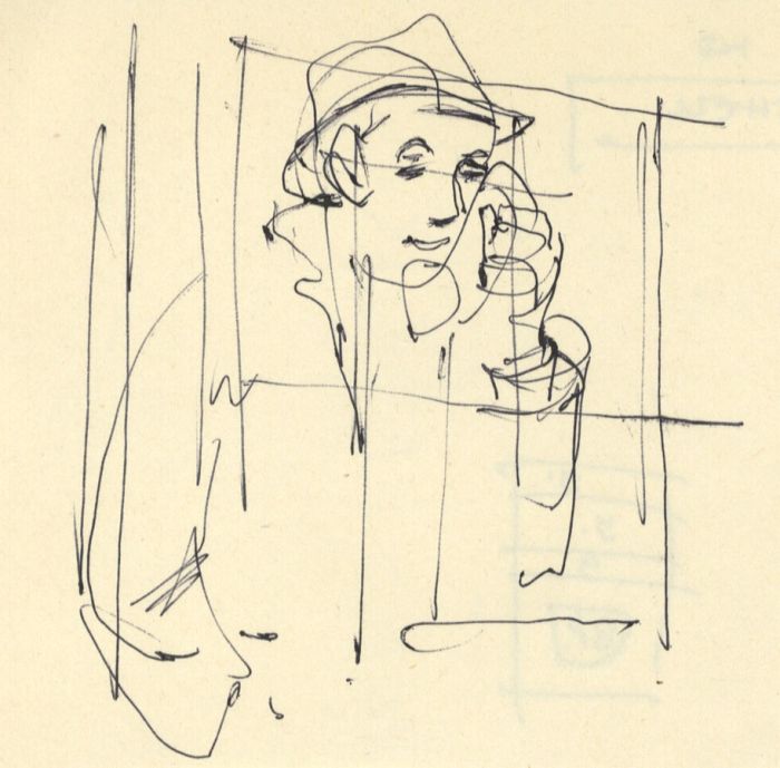 Paul Sharp - Mid 20th Century Pen and Ink Drawing, Man on Telephone