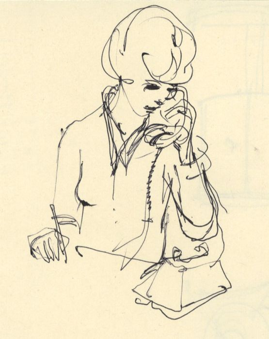 Paul Sharp - Mid 20th Century Pen and Ink Drawing, Woman on Telephone