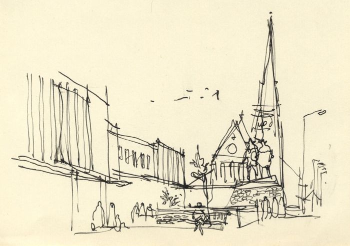 Paul Sharp - Mid 20th Century Pen and Ink Drawing, Urban Street with Church