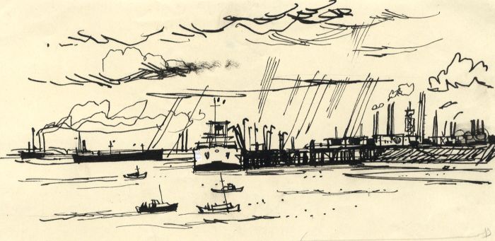 Paul Sharp - 1964 Pen and Ink Drawing, Off Shellhaven
