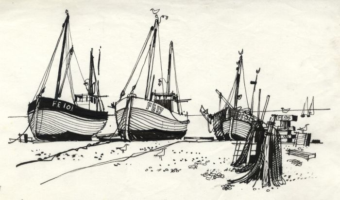 Paul Sharp - 1964 Pen and Ink Drawing, Hythe Fishing Boats