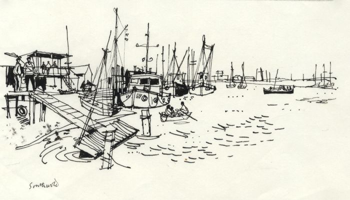 Paul Sharp - 1963 Pen and Ink Drawing, In Southwold Harbour