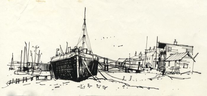 Paul Sharp - 1963 Pen and Ink Drawing, Southwold Harbour