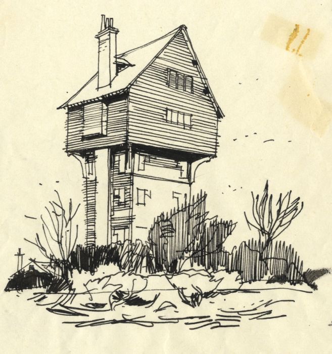 Paul Sharp - 1963 Pen and Ink Drawing, House in the Clouds