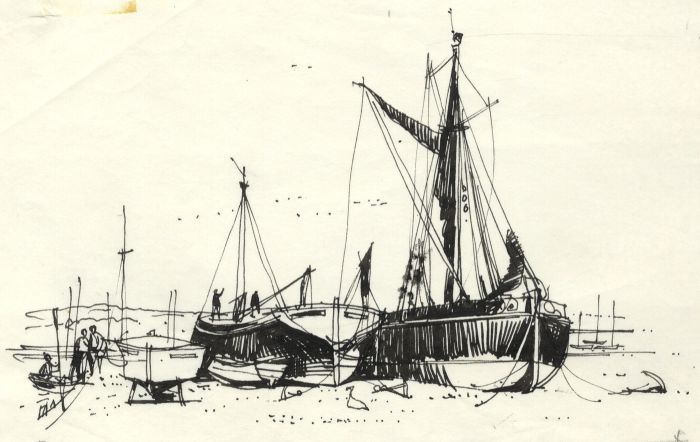 Paul Sharp - 1963 Pen and Ink Drawing, Barges at Pinmill