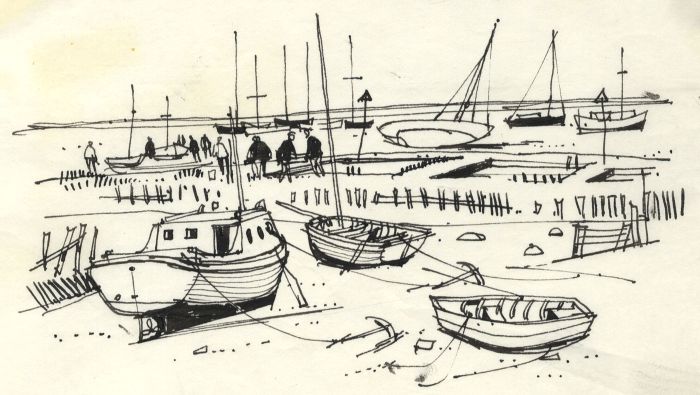 Paul Sharp - 1963 Pen and Ink Drawing, Oyster Boats, Mersea Island