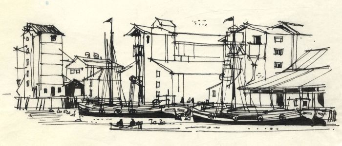 Paul Sharp - 1963 Pen and Ink Drawing, Barges at Maldon