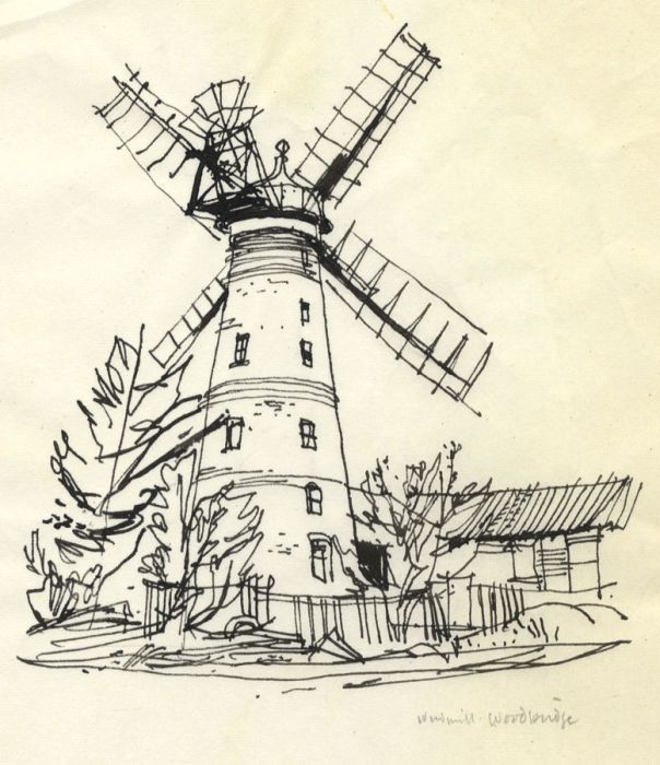 Paul Sharp - 1963 Pen and Ink Drawing, Windmill, Woodbridge