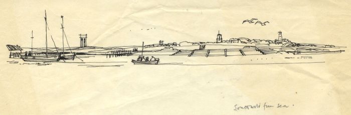 Paul Sharp - 1963 Pen and Ink Drawing, Southwold from Sea