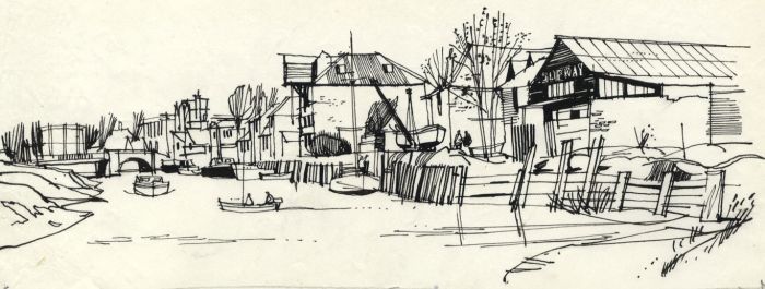 Paul Sharp - 1964 Pen and Ink Drawing, Boatyards and Quay, Sandwich