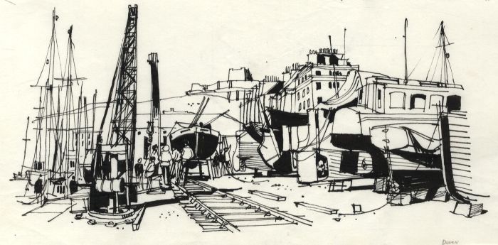 Paul Sharp - 1964 Pen and Ink Drawing, Yacht Yards, Dover