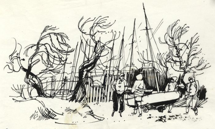 Paul Sharp - 1964 Pen and Ink Drawing, Dinghy Park, Goring on Sea