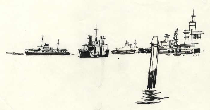 Paul Sharp - 1964 Pen and Ink Drawing, Ships at Port