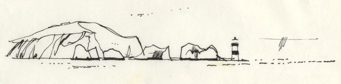 Paul Sharp - 1964 Pen and Ink Drawing, Cliffs and Lighthouse