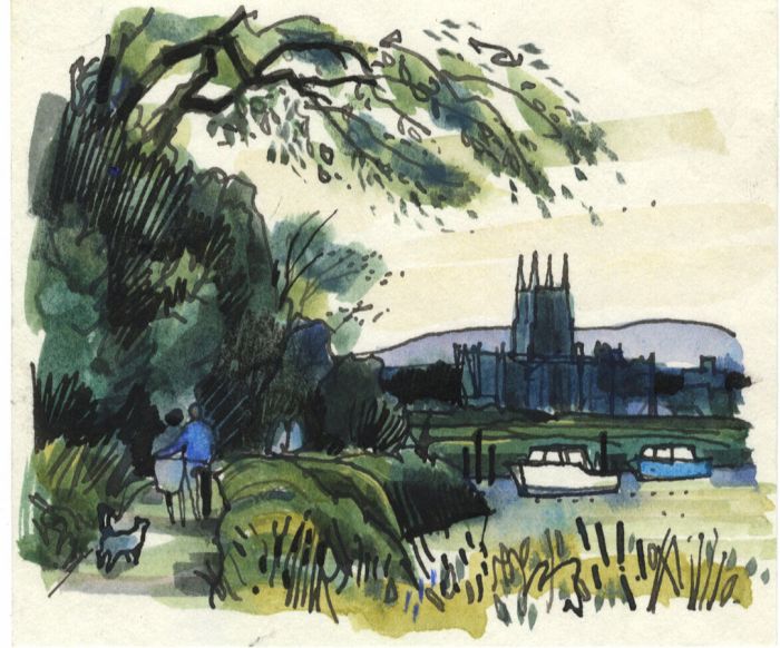 Paul Sharp - Small Mid 20th Century Watercolour, Walk by the Water with Church