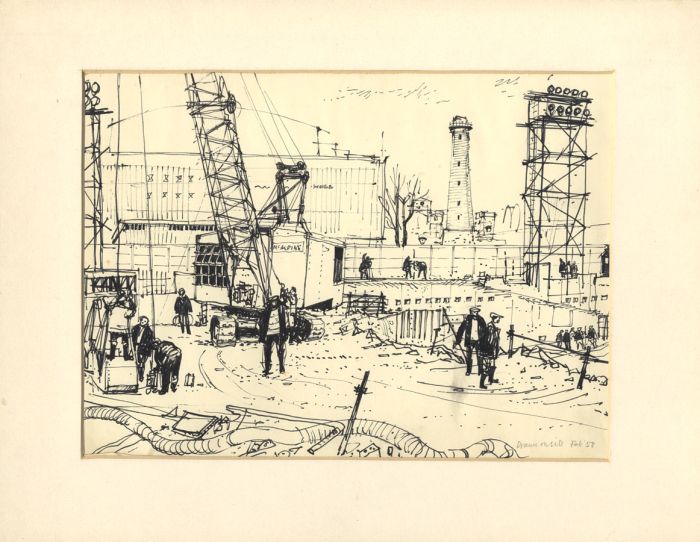 Paul Sharp - 1958 Pen and Ink Drawing, Construction Site