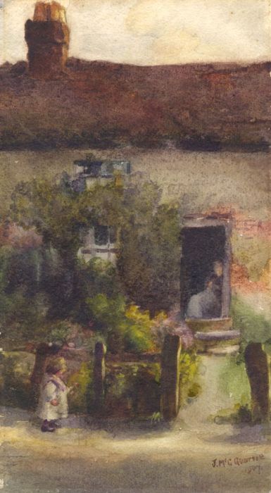 J.McGlottie(?) - 1907 Watercolour, At the Cottage Door