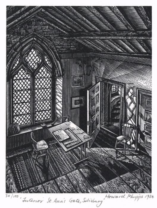Howard Phipps - 1986 Wood Engraving, Interior, St Ann's Gate, Salisbury