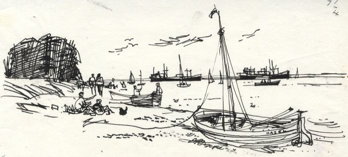 Paul Sharp - Mid 20th Century Pen and Ink Drawing, Boats on Shore