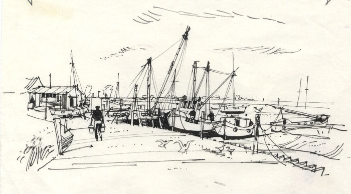 Paul Sharp - Mid 20th Century Pen and Ink Drawing, Dock View